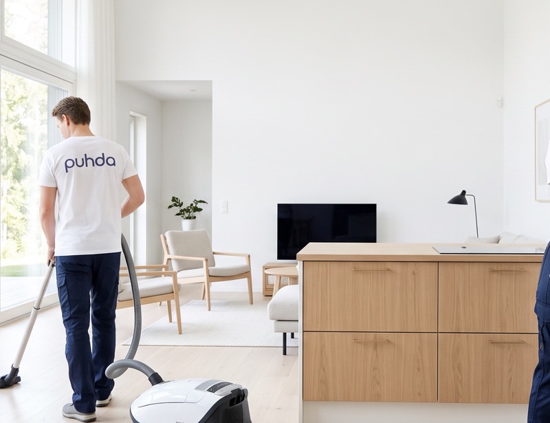 Siivooja imuroi olohuoneen — sohva, nojatuolit ja TV-taso puhtaina